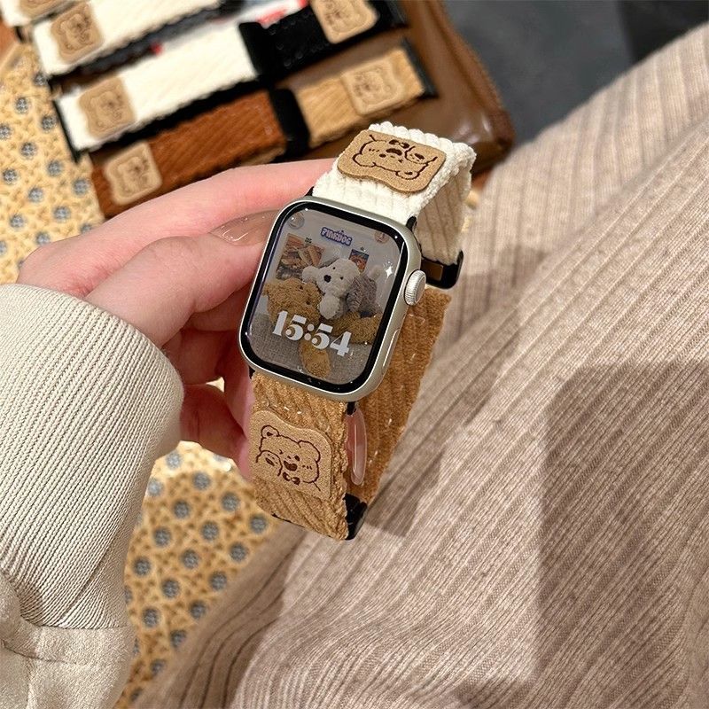 Retro corduroy bear Velcro Apple Watch strap