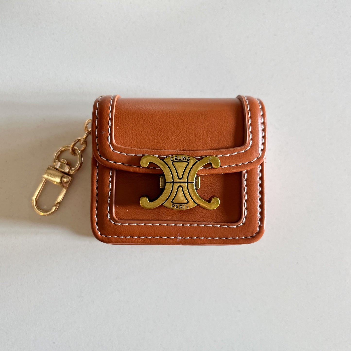 Luxury Leather Keychain AirPods Case with Gold Hardware