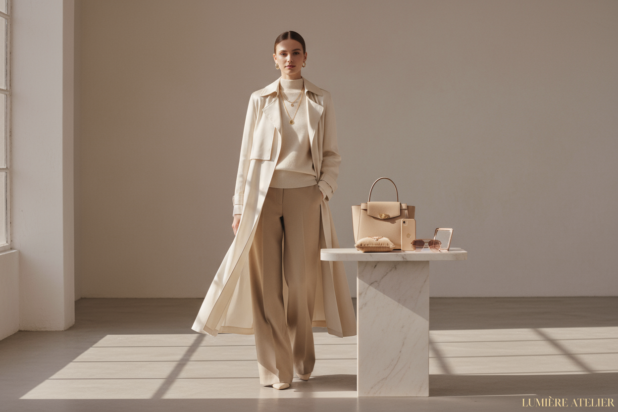 A high-end fashion homepage hero image for a minimalist luxury e-commerce brand. 
Show a stylish female model standing in a bright, modern studio or lifestyle setting 
with soft natural lighting and neutral tones (beige, ivory, cream, champagne). 
The model is wearing elegant, minimalist clothing and accessories, 
and nearby display the products — handbags, phone cases, jewelry, and small fashion items — arranged tastefully on a table or stand. 
The atmosphere feels calm, luxurious, and modern, 
with a clea